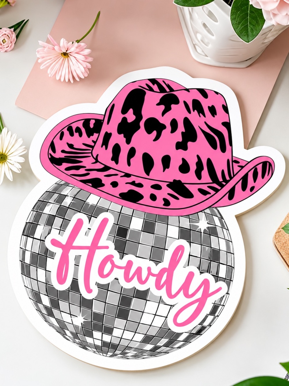 Pink Leopard Cowboy Hat Disco Ball "Howdy" Door Hanger - Picture 2 of 5